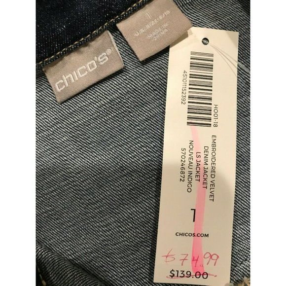 NWT CHICOS Women's Denim Jacket Sz 1 Medium Wash Velvet Patch - Picture 4 of 5